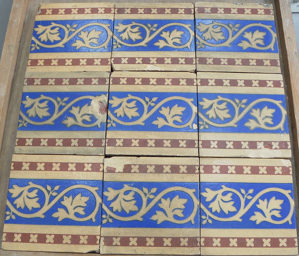 Thumbnail: Collection of 47 blue, red and buff foliate scroll border tiles