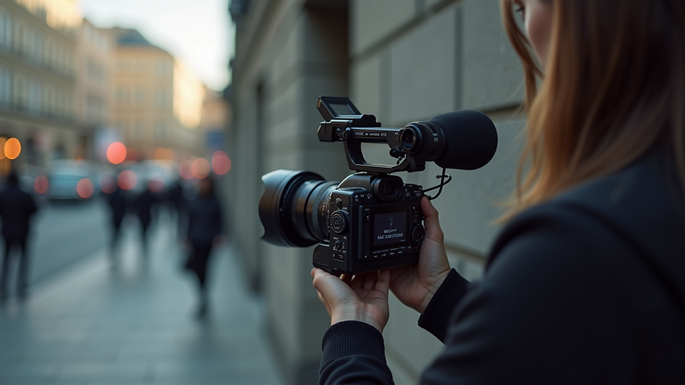 Close-up view of a person filming a promotional video with a camera