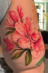 Color realism tattoo Candy stripe flower tattooed by ocala florida tattoo artist Gregg at The Tattoo Gallery of Ocala, LLC