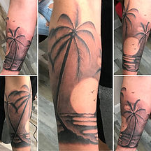 Black and grey beach tattoo designed and tattooed by Gregg
