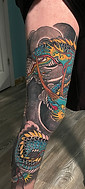 Color Japanese Dragon leg sleeve designed and tattooed by Gregg