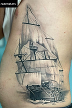 Black and grey realism clipper ship sail boat tattoo designed and tattooed by Ocala Florida tattoo artist Gregg