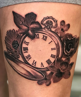 Black and grey pocket watch and flowers tattoo designed and tattooed by Gregg