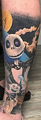 Custom Color Nightmare Before Christmas leg sleeve created by Ocala Florida tattoo artist Gregg at The Tattoo Gallery of Ocala