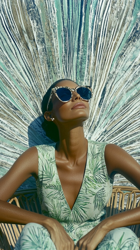 AI-generated image of a woman wearing dark sunglasses and a sleeveless green leaf-print jumpsuit, sitting on a woven chair against a dramatic textured backdrop. She tilts her face toward the sun with a confident, serene expression, creating a bold and radiant summer fashion moment. The setting blends tropical styling with editorial flair, ideal for resortwear campaigns and sunny lifestyle imagery.