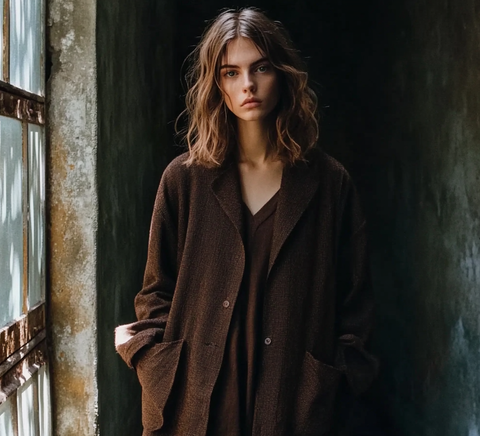 AI-generated moody fashion portrait of a woman in a dark brown oversized coat. She stands in a narrow, dimly lit corridor beside a rustic window, with soft natural light highlighting her wavy shoulder-length hair and minimal makeup. The image evokes a sense of quiet elegance and vintage-inspired style with a contemporary edge.