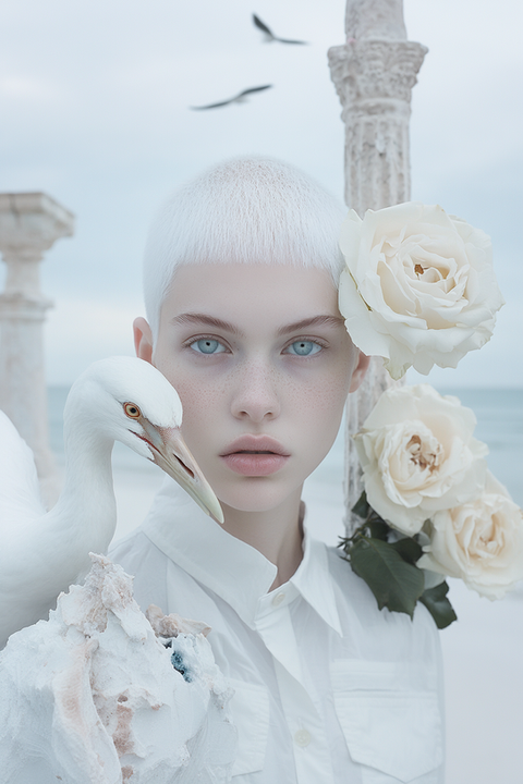 AI-generated surreal portrait of a woman with porcelain skin, white buzzcut, and pale blue eyes, surrounded by white roses, swans, and classical columns. The ethereal, dreamlike composition blends fashion and fantasy with soft overcast lighting and a serene coastal background. Ideal for editorial photography, avant-garde aesthetics, and conceptual fine art imagery.