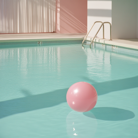 AI-generated image of a minimal modern swimming pool with a pink ball floating in the water. The scene features soft pastel tones, clean architectural lines, a metal pool ladder, and sheer white curtains catching light. Aesthetic, tranquil, and designed with a retro-summer vibe, this image is perfect for contemporary design, travel, and lifestyle content.