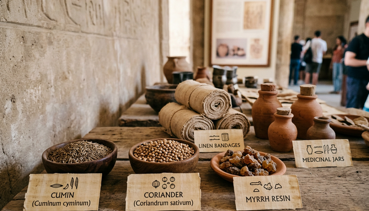 Close-up of dried herbs and small clay jars in an ancient Egyptian medicine display