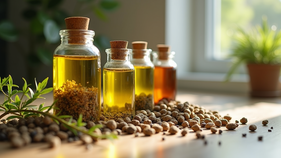 Eye-level view of glass jars filled with natural oils and dried herbs