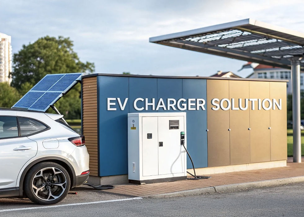 Modern EV charging infrastructure combining solar panels, rapid chargers, and battery storage at a commercial site