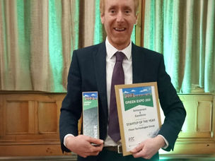 Simon Gilliland collecting the Startup of the Year award at the 2025 Green Expo Awards in Chester Town Hall.