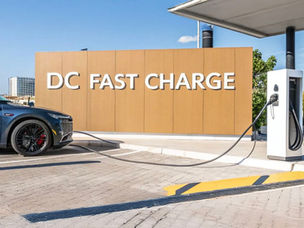 Modern DC fast charging hub with electric vehicles connected to rapid chargers.