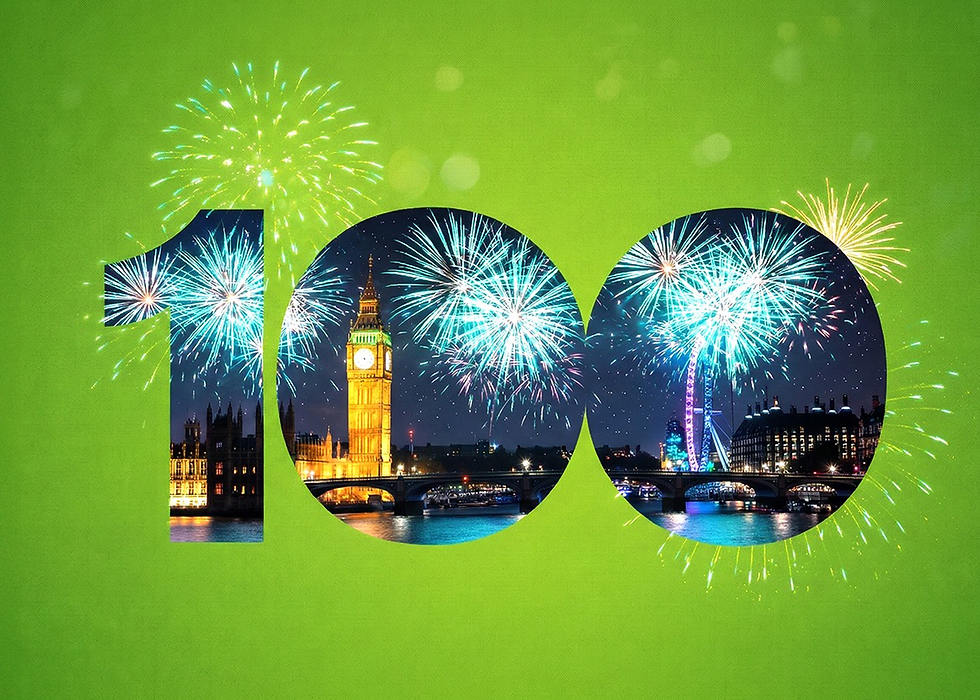 Graphic showing the number 100 over a skyline of London and fireworks