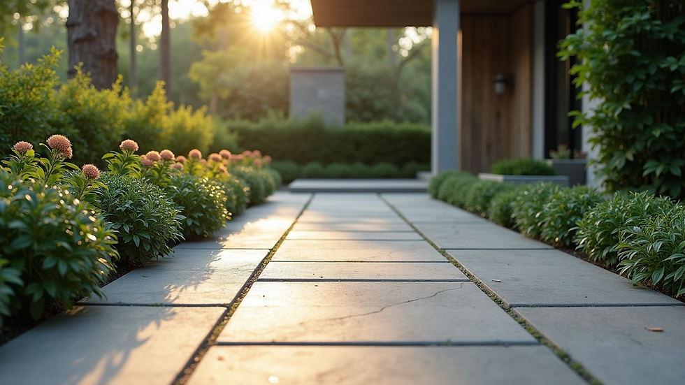 Eye-level view of a modern patio with stone flooring and lush greenery