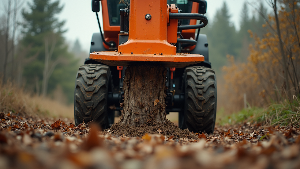 Eye-level view of a stump grinder machine in action