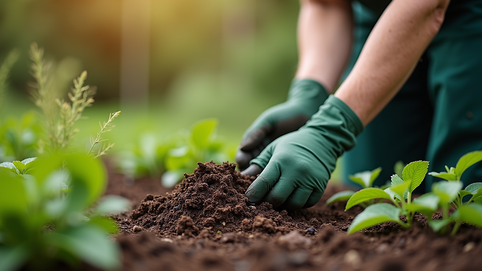Close-up view of a gardener applying mulch around plants