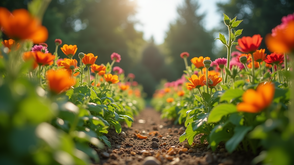 Eye-level view of a vibrant garden filled with colorful flowers and vegetables