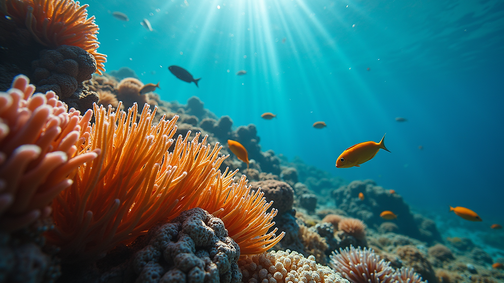 Eye-level view of a vibrant coral reef with diverse marine life