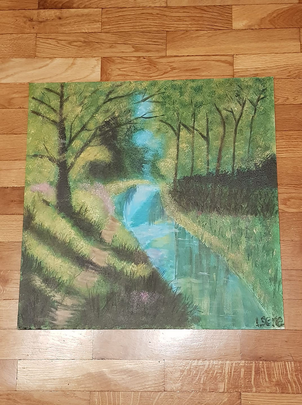 Paisaje bosque con rio en acrílico A2