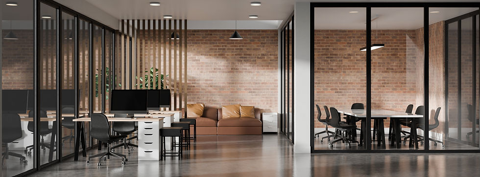 3D rendered modern office with rows of workstations, chairs, and glass partition meeting r