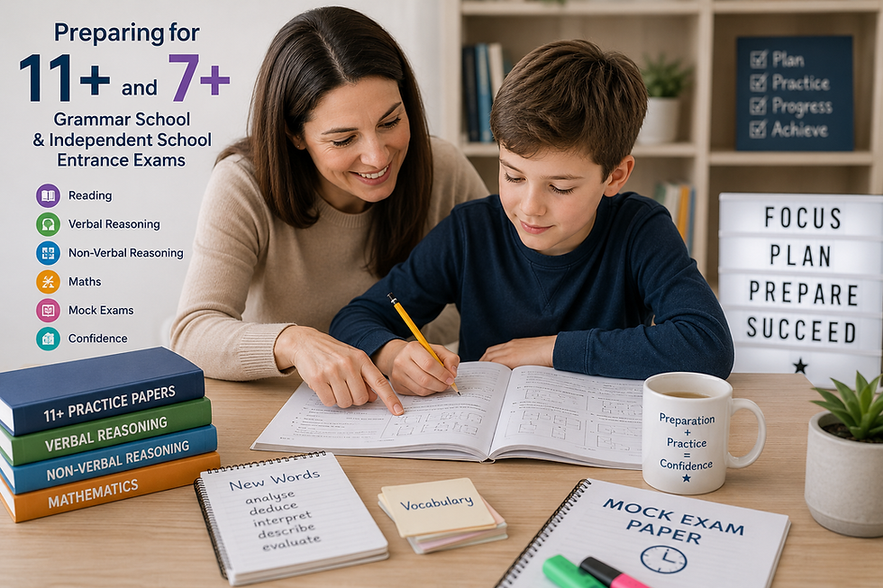 Parent helping child prepare for the 11+ grammar school entrance exam with books and practice papers.