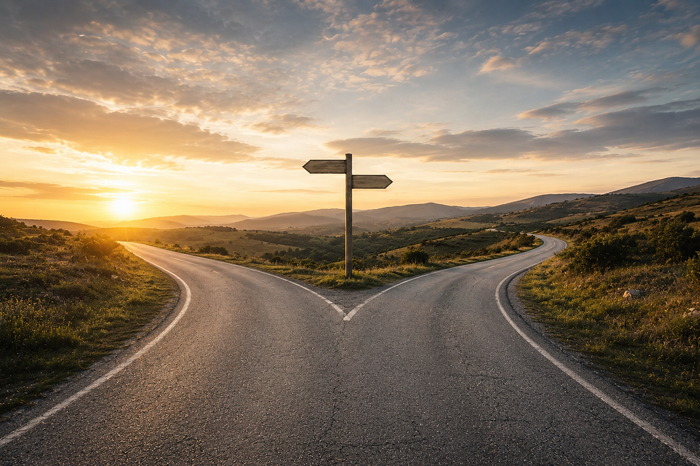 A fork in a country road with a signpost in the middle and the sunset in the background