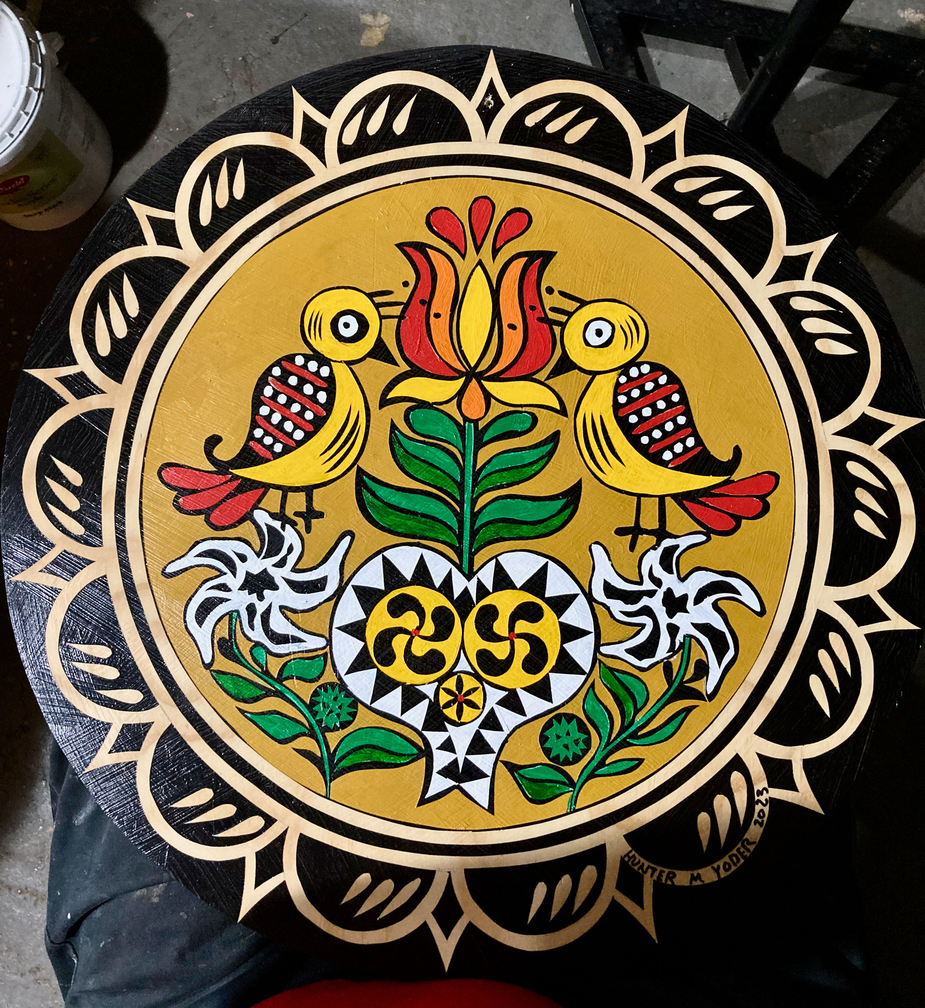 Zwei Distelfinks Flanking a Pennsylvania Dutch Tree of Life, 18" diameter