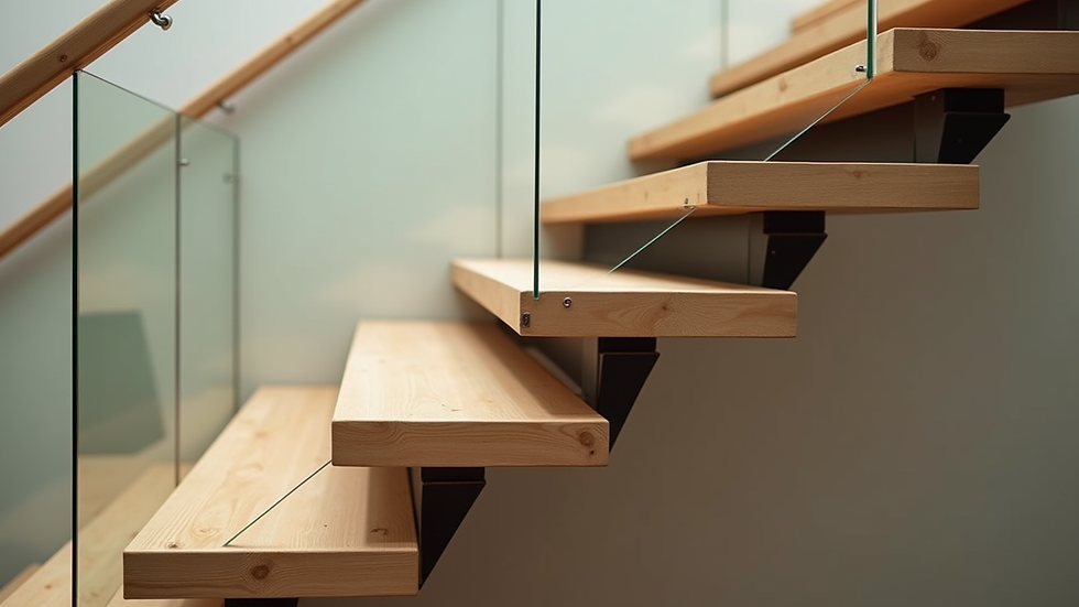 Close-up view of wooden floating stairs with glass balustrades