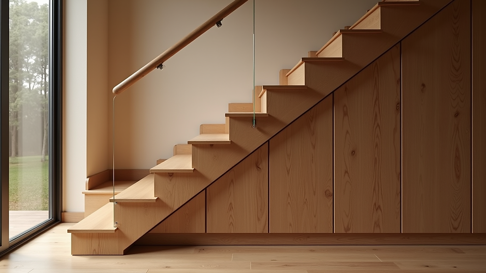 Close-up view of wooden staircase with built-in under-stair storage cupboards