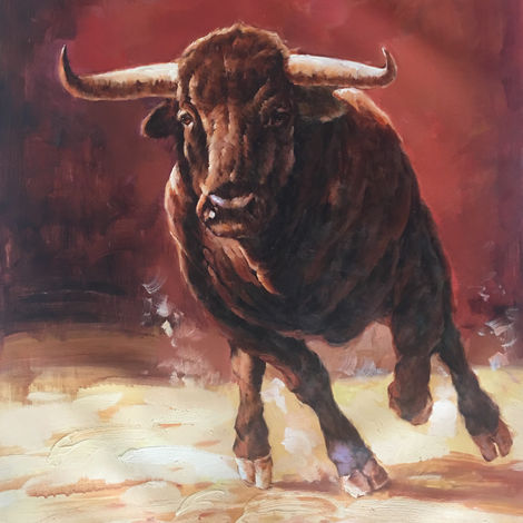 Charging bull painting, powerful horns, intense gaze