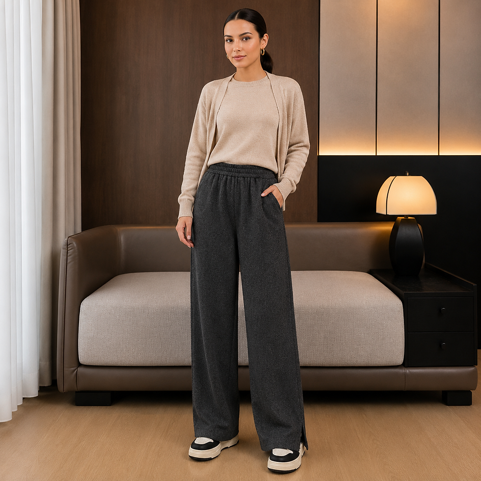 Miniatura: Calça Feminina de Lã Grossa Cintura Alta - Preta