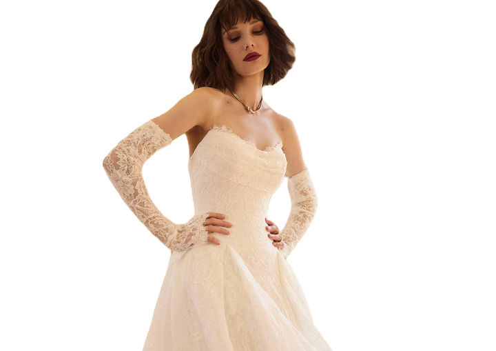 Bride wearing a-line lace wedding dress