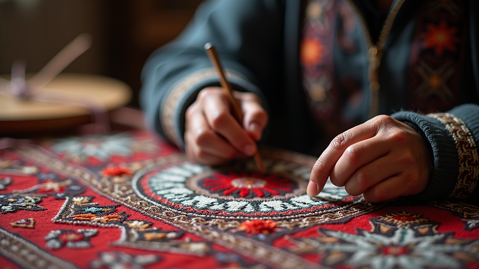 Close-up view of traditional Yazidi embroidery being crafted by a woman