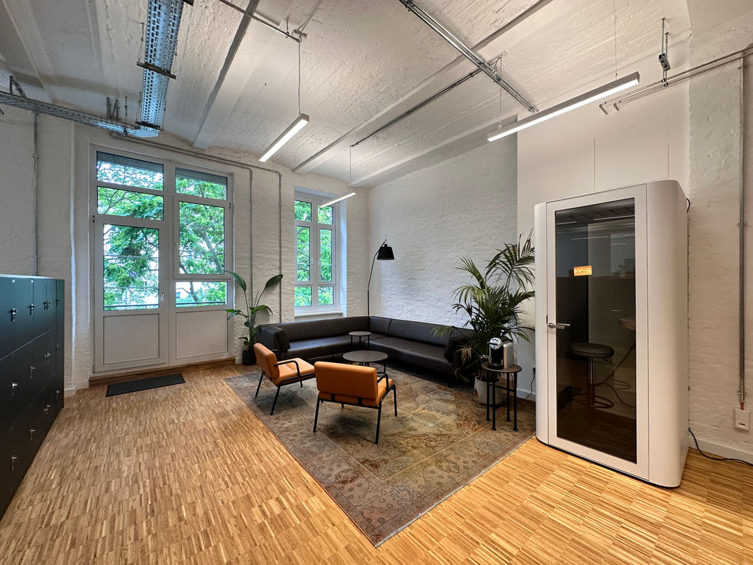 Corner couch, armchair, modern office chill out lounge, telephone booth