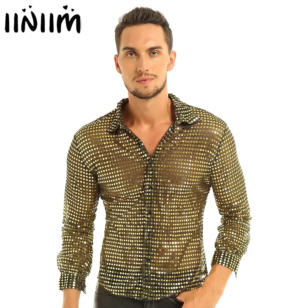 Men's Tuxedo Shirts Shiny Sequins Mesh Long Sleeve for Party Dancing
