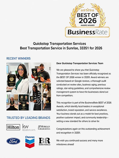 Description of the award Quick Stop Transportation Services won as Best Transportation service in Broward County