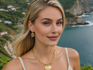 Model wearing gold jewellery, creating in-house product visuals for Aurelia & Co. brand campaign, demonstrating cost-effective e-commerce advertising.