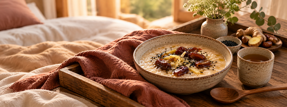 Warmes Congee mit Datteln, Ingwer und Schwarzkümmel als nährende Mahlzeit im Wochenbett.