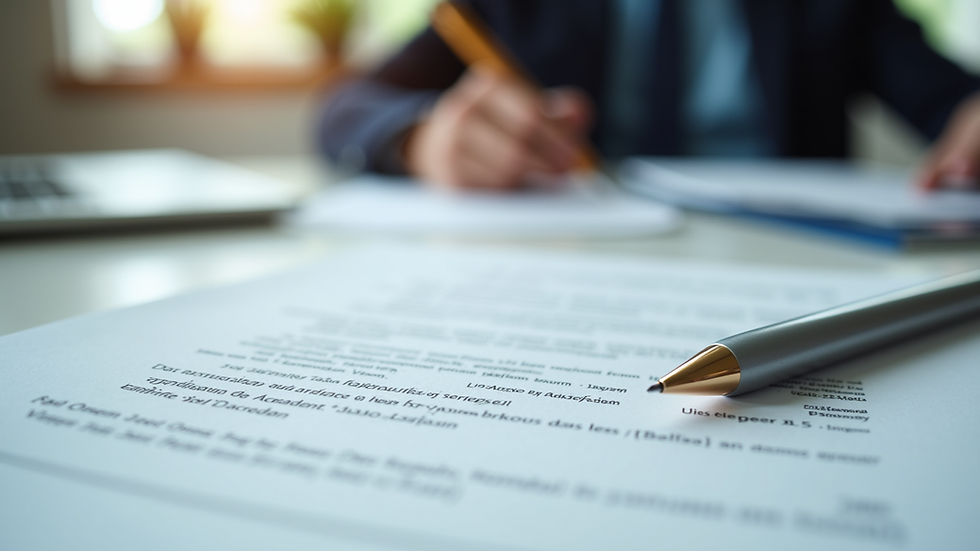 Close-up view of legal documents and a pen on a desk
