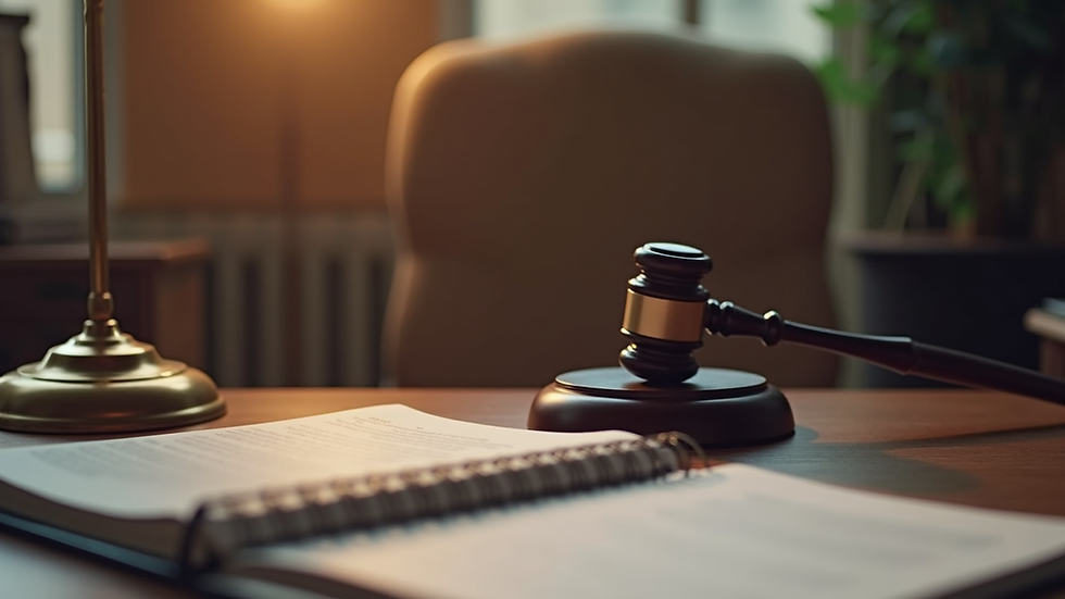 Eye-level view of a law office desk with legal books and a gavel