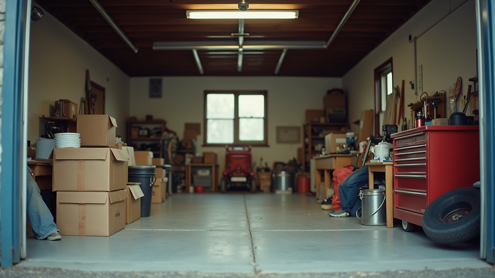 Eye-level view of a cluttered garage with boxes and tools scattered