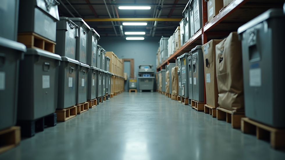 Eye-level view of a cluttered basement corner with boxes and old furniture