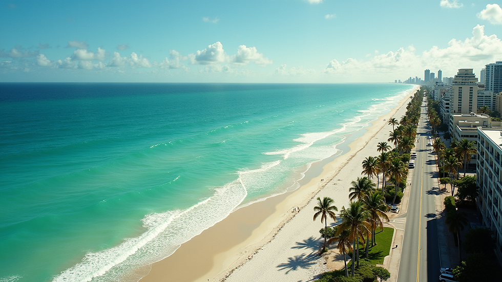 High angle view of South Beach beachfront with palm trees and ocean