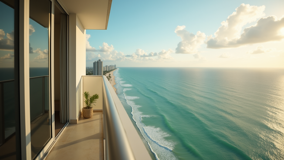 Close-up view of a luxury condo balcony overlooking South Beach oceanfront