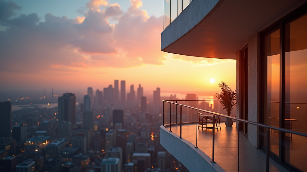 High angle view of a luxury condo balcony overlooking a city skyline at sunset