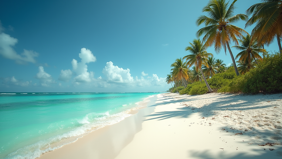 Wide angle view of a sandy beach with turquoise water and palm trees in Fort Lauderdale