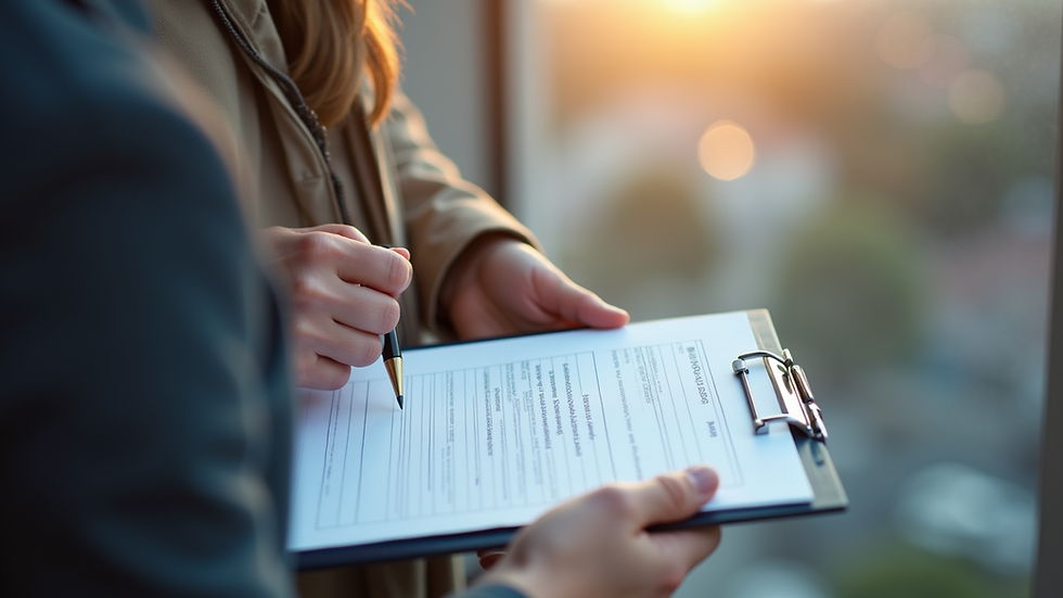 Close-up view of a property manager reviewing maintenance checklist on a clipboard