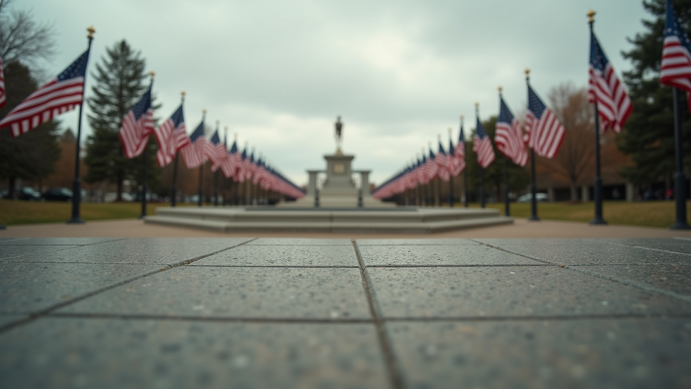 Eye-level view of a veteran's memorial with flags waving