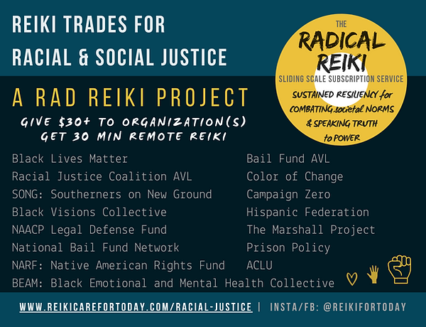 Graphic of the Reiki Trades for Racial and Social Justice and the organizations list of who to donate to in order to receive reiki